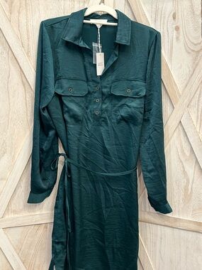 Lucky Brand Forest Green Long-Sleeve Shirt Dress with Tie